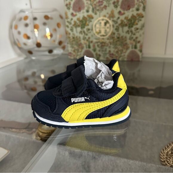 Puma Baby Street Runner V2 Mesh Hook and Loop Navy and Yellow Stripe Sneakers 4 - Picture 8 of 11